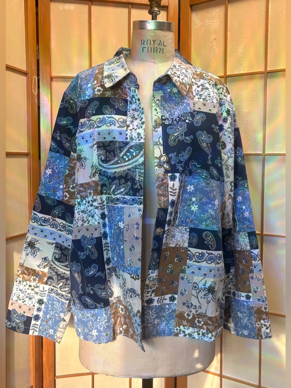 The Tog Shop Blue Tan Patchwork Paisley Floral Cotton Shirt Cottagecore XL